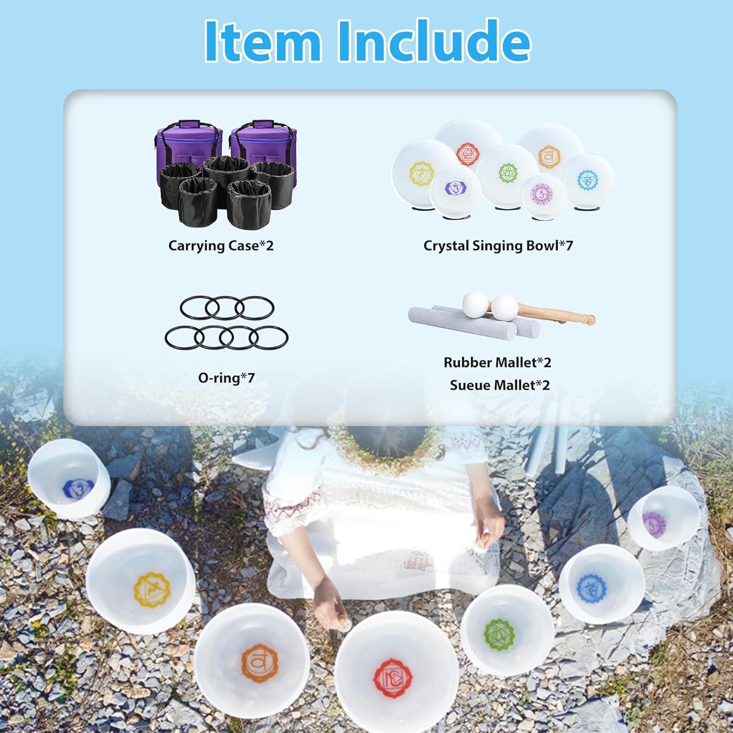 Juego de 7 Cuencos de Canto de Cristal 432HZ 18-30 cm