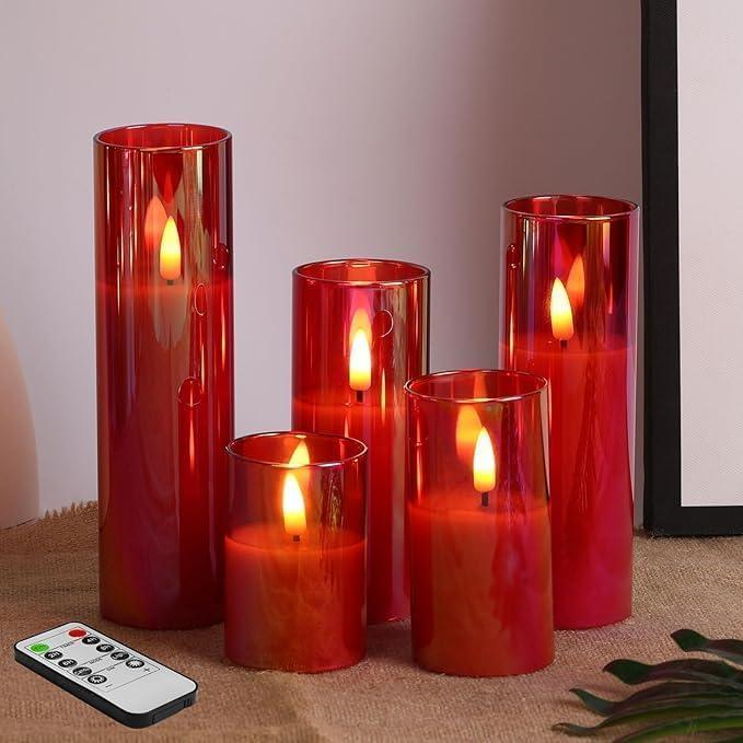 Juego de 5 Velas LED de Vidrio Rojo Eywamage con Control Remoto