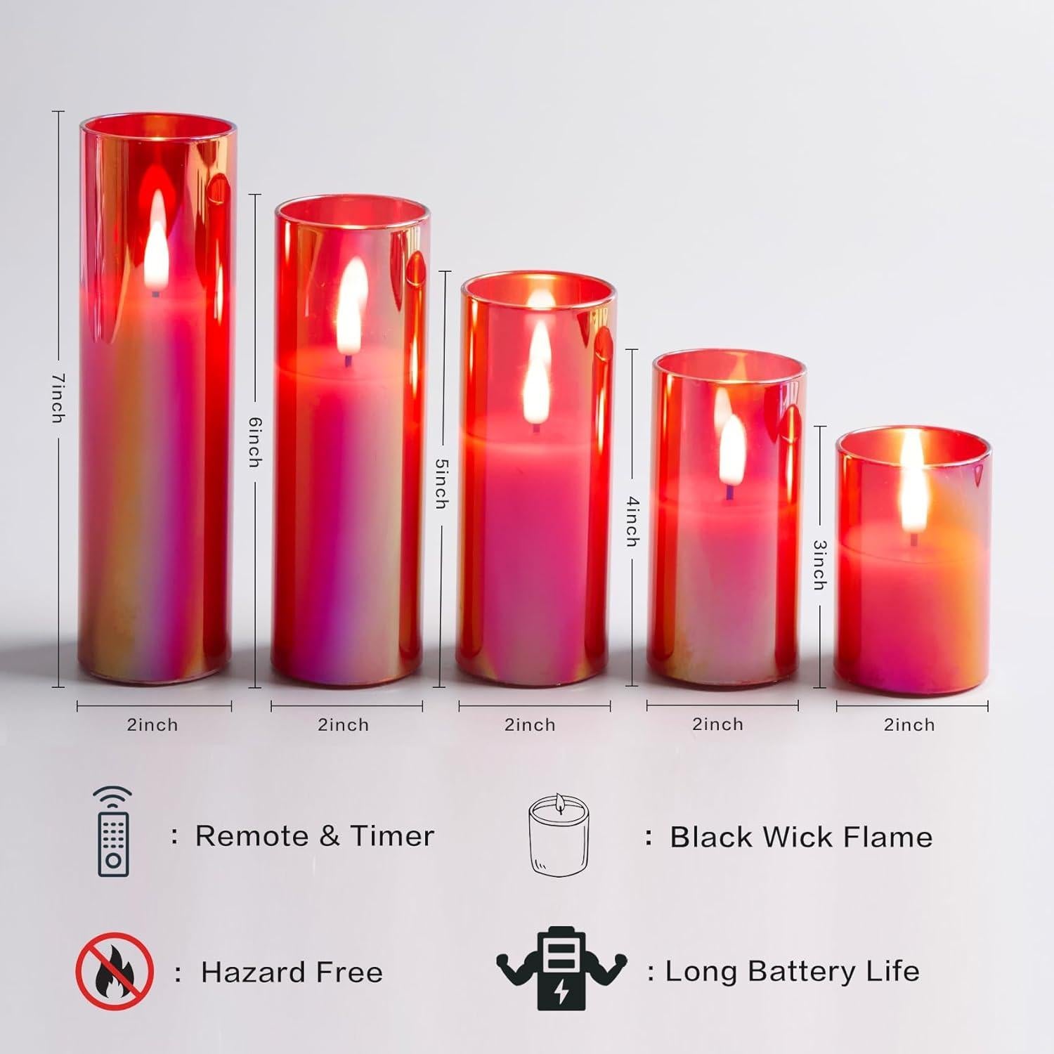 Juego de 5 Velas LED de Vidrio Rojo Eywamage con Control Remoto