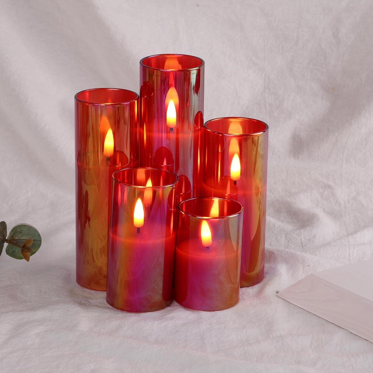 Juego de 5 Velas LED de Vidrio Rojo Eywamage con Control Remoto