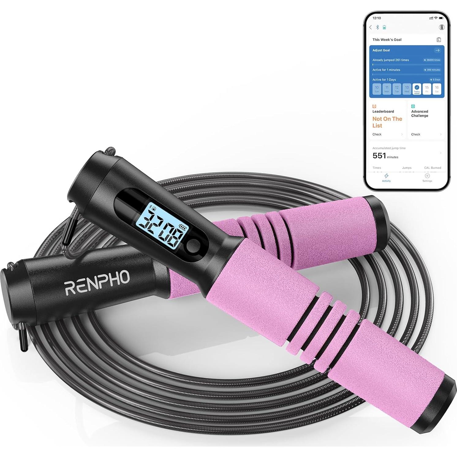 Cuerda de Salto Inteligente RENPHO Rosa con Contador y APP