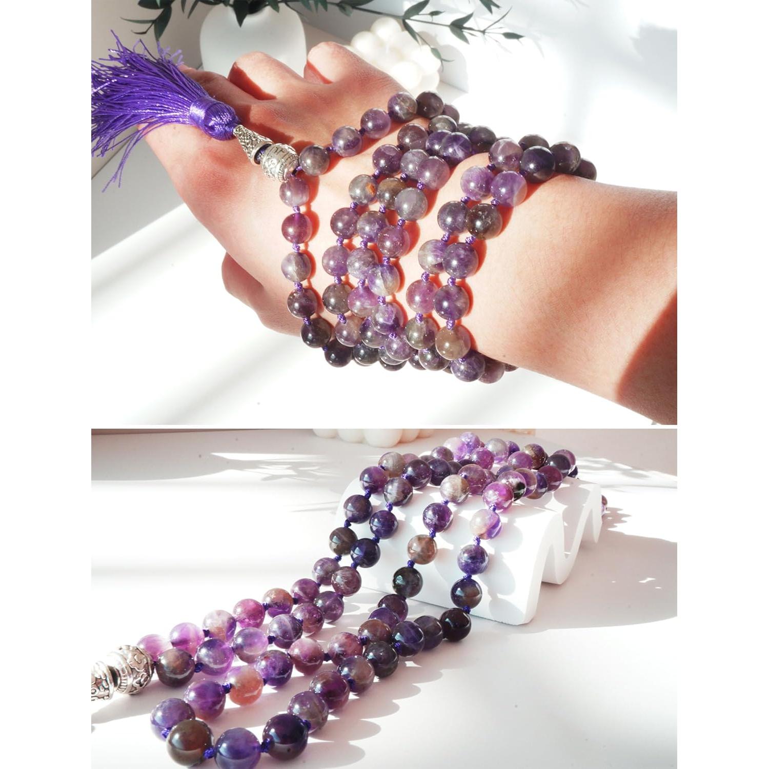 Collar Mala Beads 108 Hecho a Mano Ágata Turquesa Amatista 109.7 cm