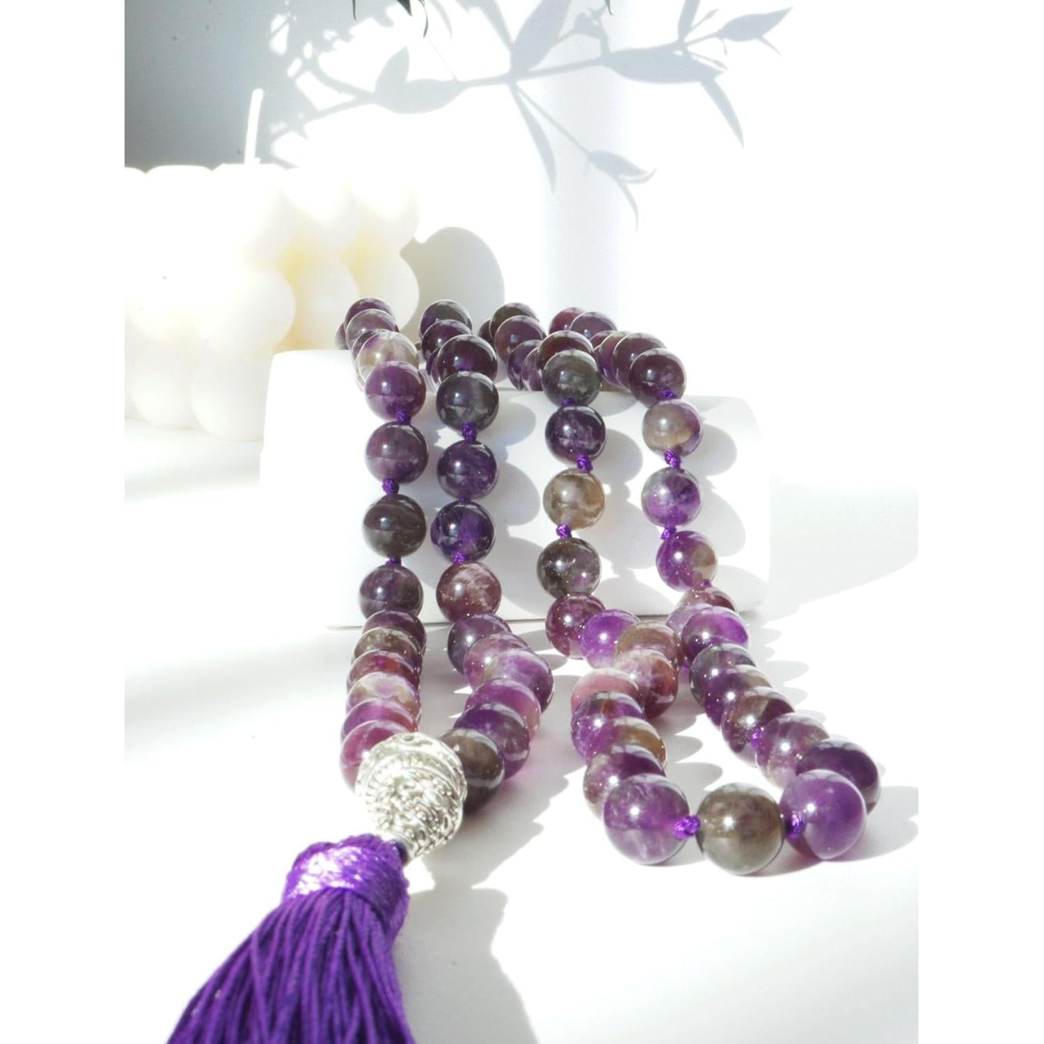 Collar Mala Beads 108 Hecho a Mano Ágata Turquesa Amatista 109.7 cm