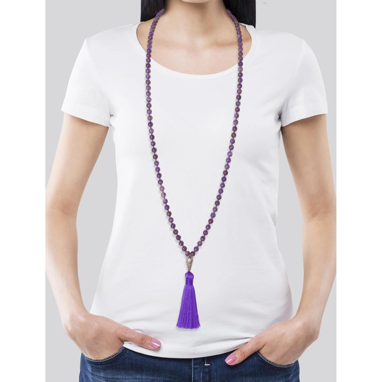 Collar Mala Beads 108 Hecho a Mano Ágata Turquesa Amatista 109.7 cm