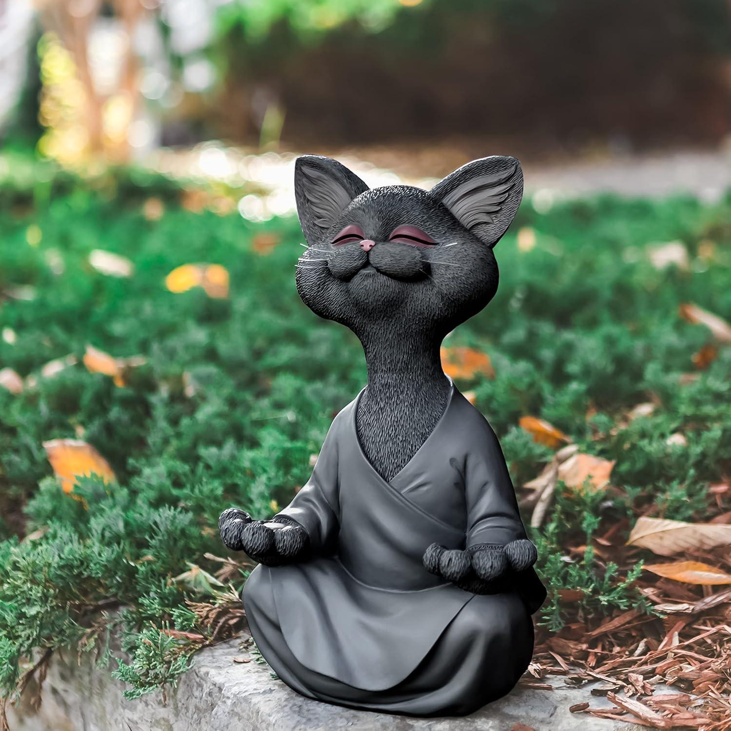 Estatua de Gato Buda Feliz JFSM INC. 30.48 cm Resina Negra