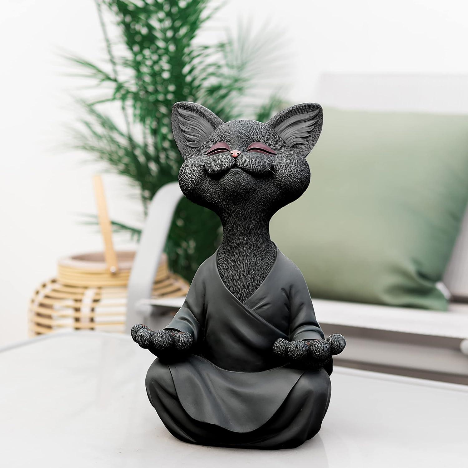 Estatua de Gato Buda Feliz JFSM INC. 30.48 cm Resina Negra