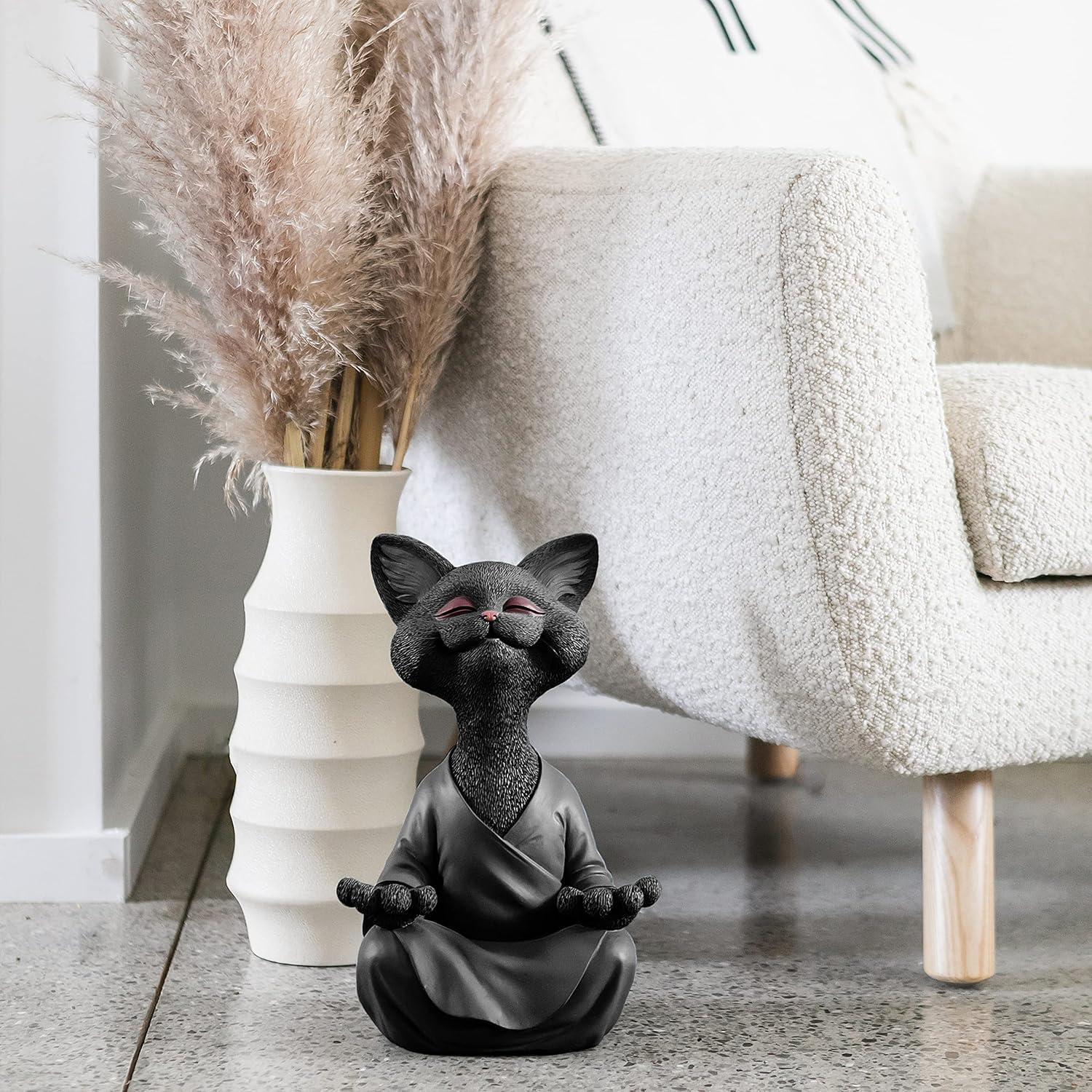 Estatua de Gato Buda Feliz JFSM INC. 30.48 cm Resina Negra