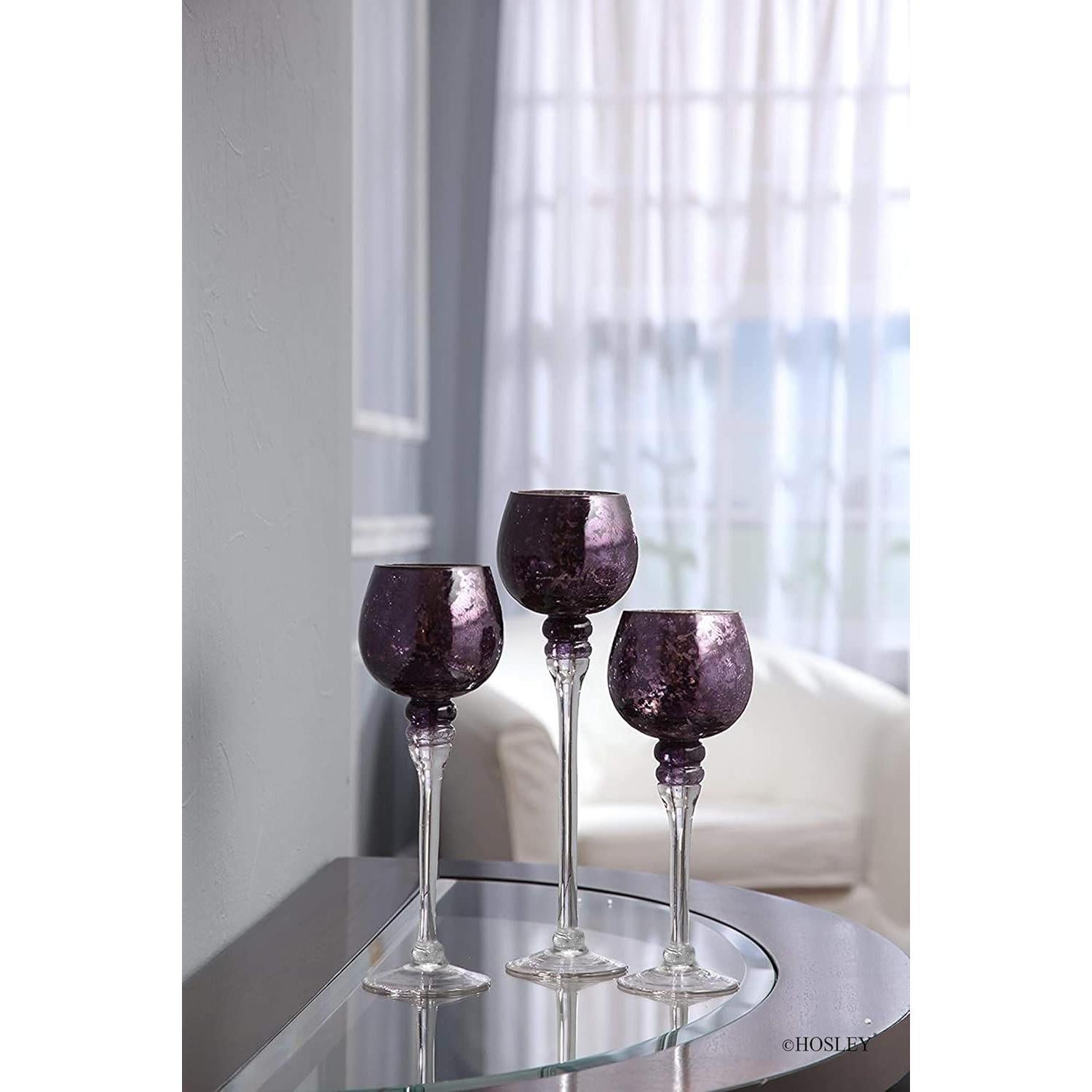 Conjunto 3 Portavelas Vidrio Morado Craquelado 22.86-30.48 cm
