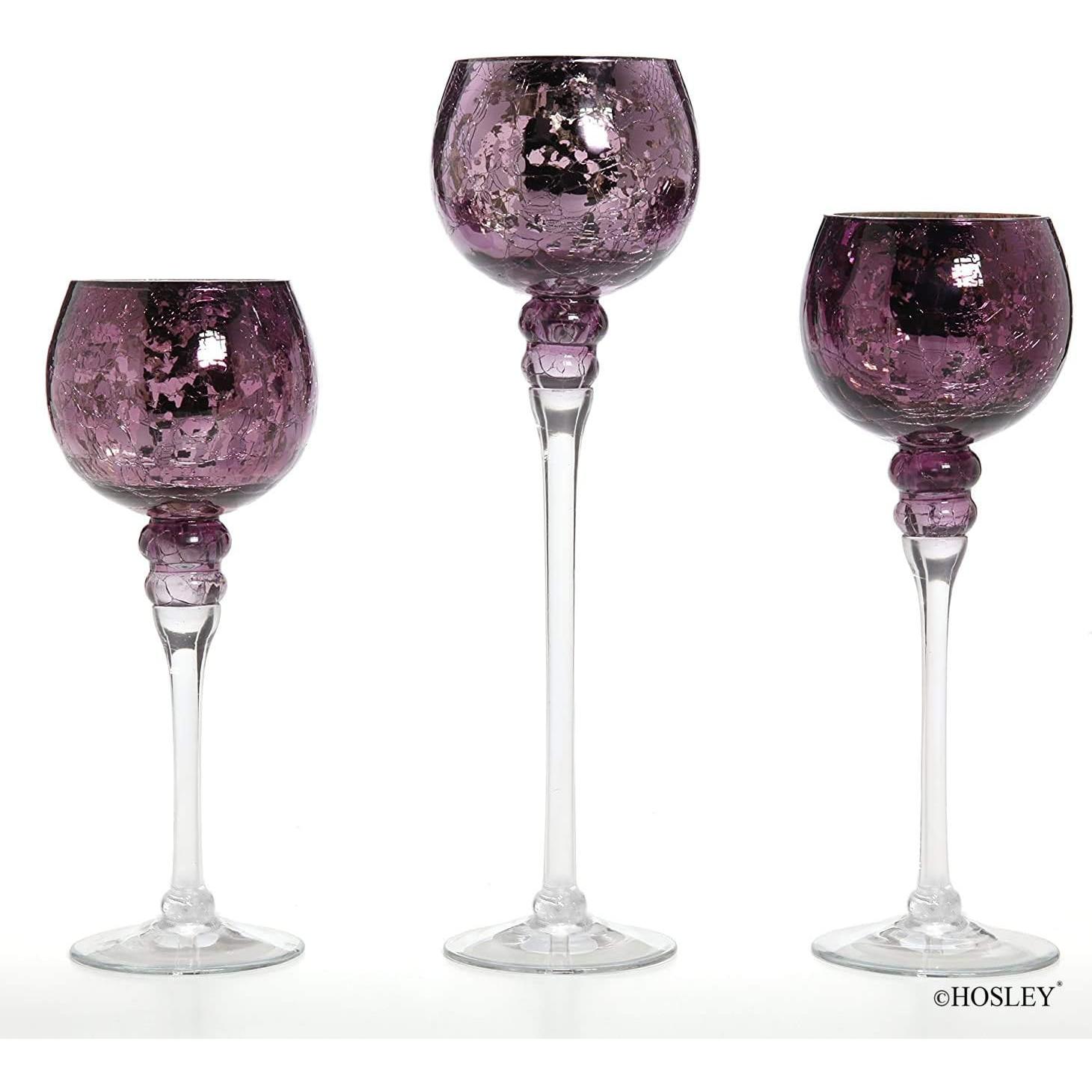 Conjunto 3 Portavelas Vidrio Morado Craquelado 22.86-30.48 cm