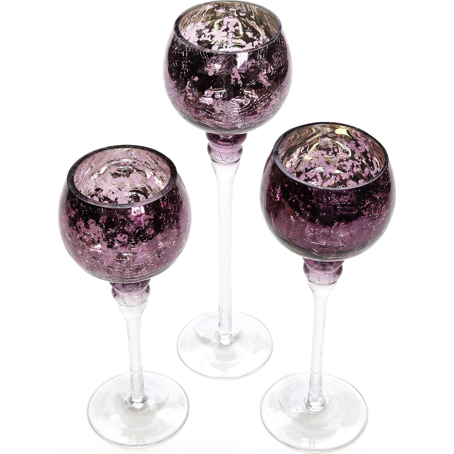 Conjunto 3 Portavelas Vidrio Morado Craquelado 22.86-30.48 cm
