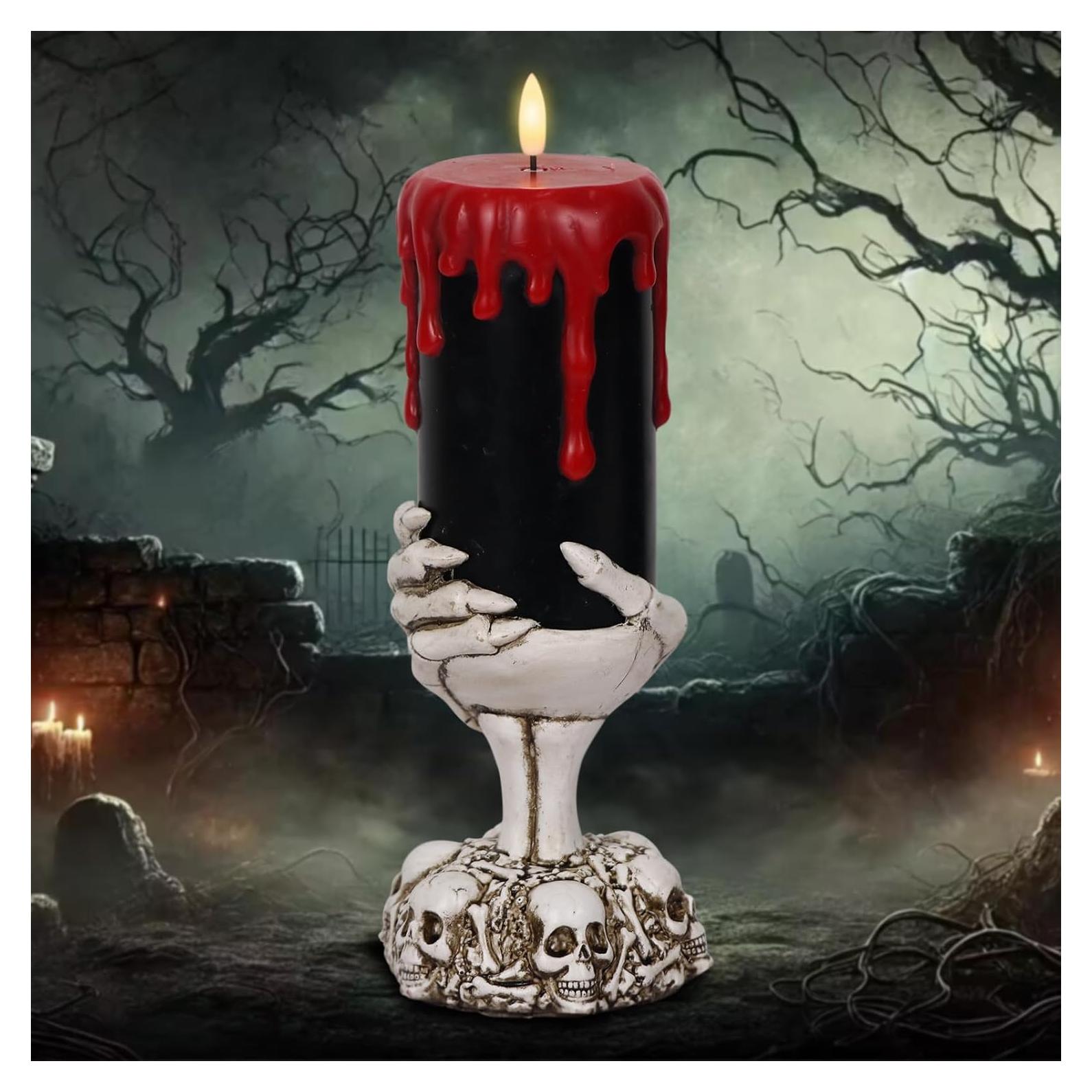 Velas Negras LED Sin Llama con Temporizador 6H y Soporte Calavera