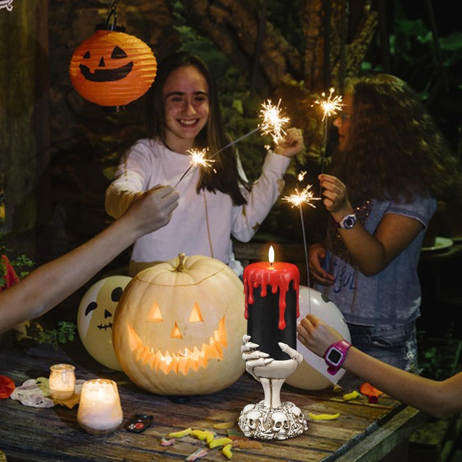 Velas Negras LED Sin Llama con Temporizador 6H y Soporte Calavera