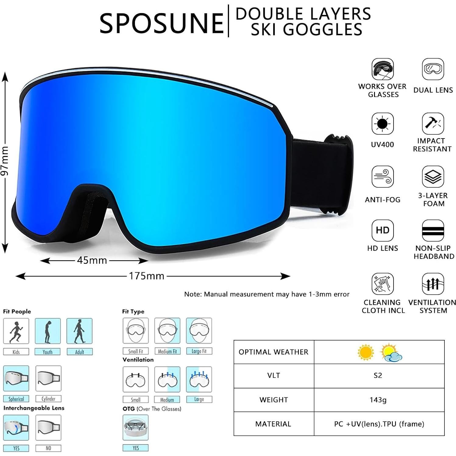 Gafas de Esquí Doble Lente SPOSUNE UV400 Antivaho Unisex