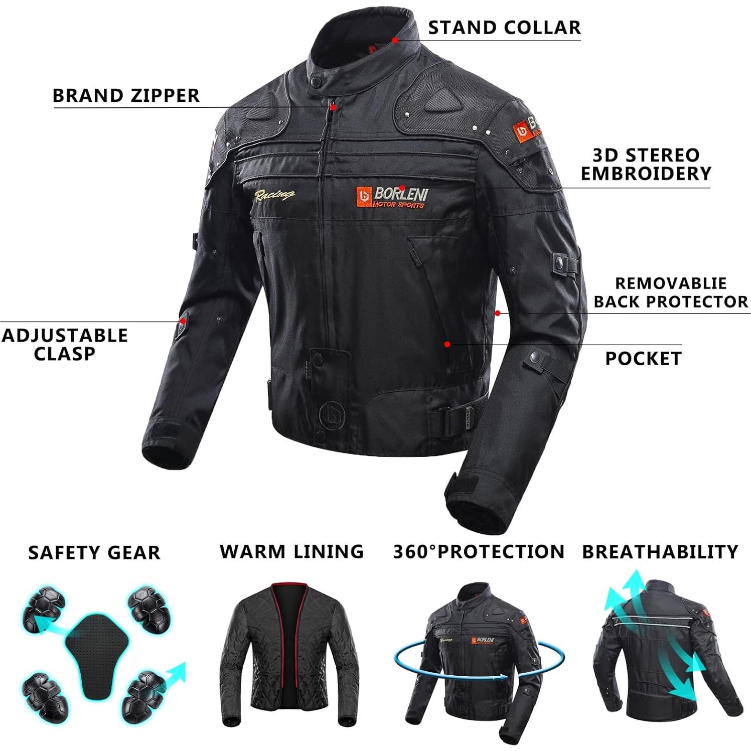 Chaqueta de Motocicleta BORLENI D-020 Negra a Prueba de Viento
