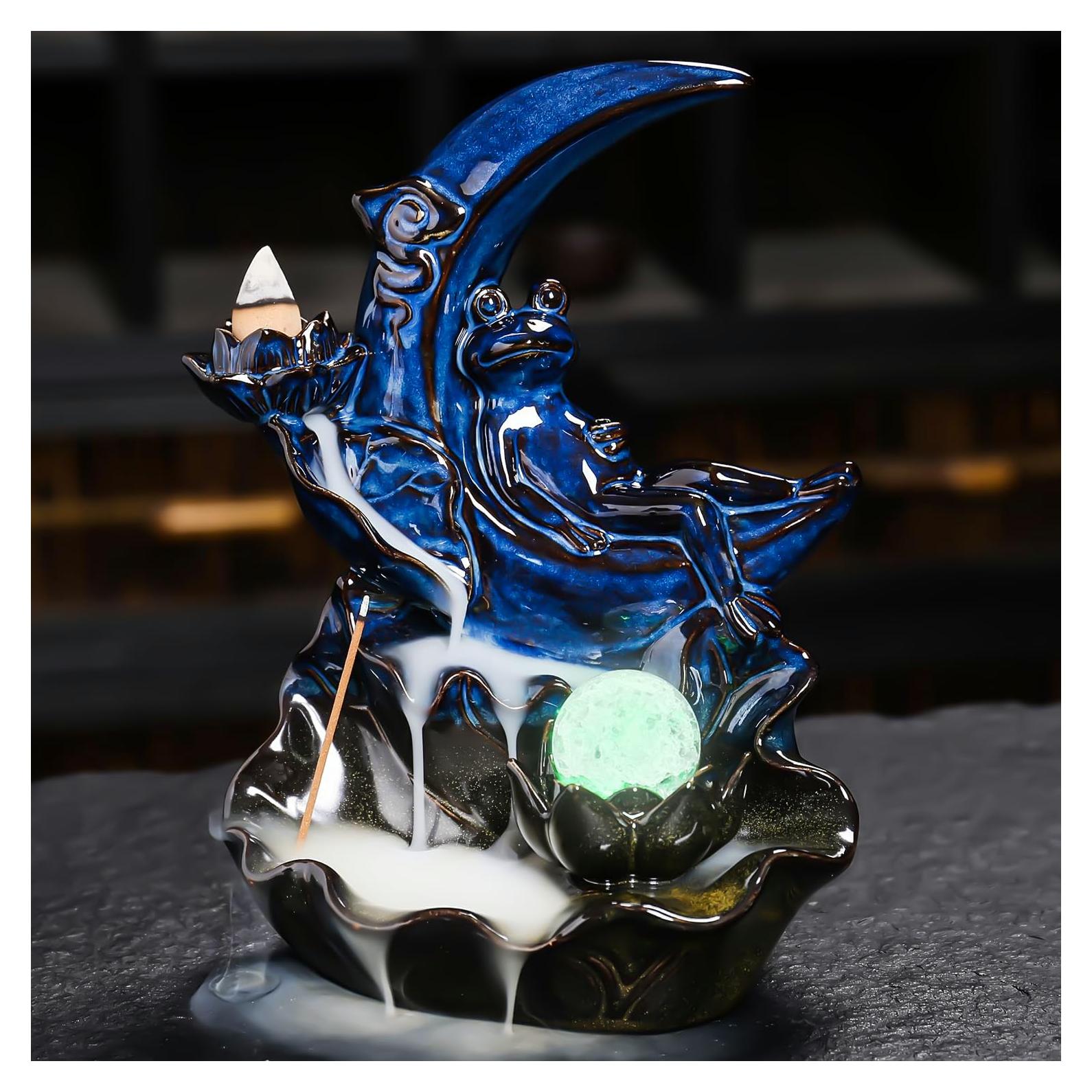 Quemador de Incienso de Cerámica ChangWanna Rana Azul con 45 Varitas y 10 Conos