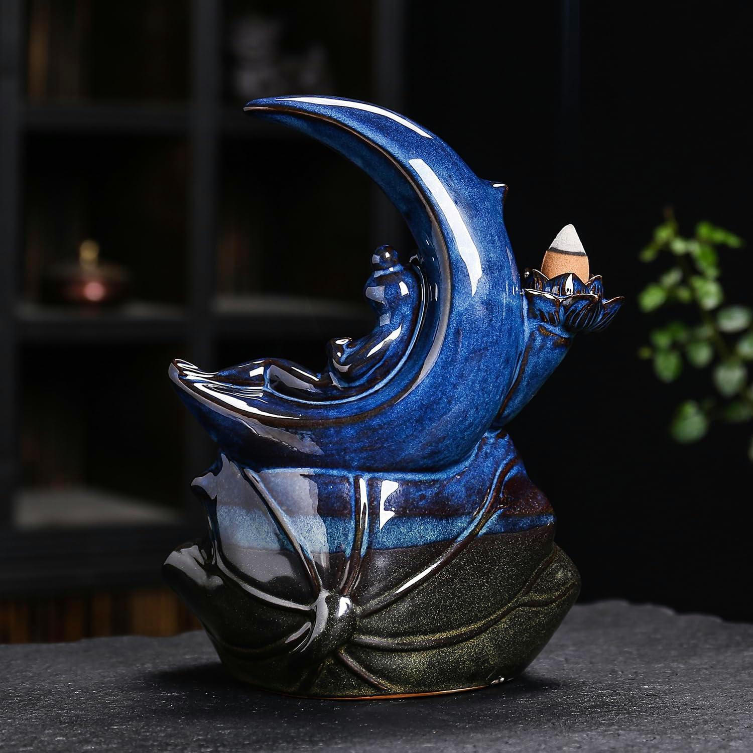 Quemador de Incienso de Cerámica ChangWanna Rana Azul con 45 Varitas y 10 Conos