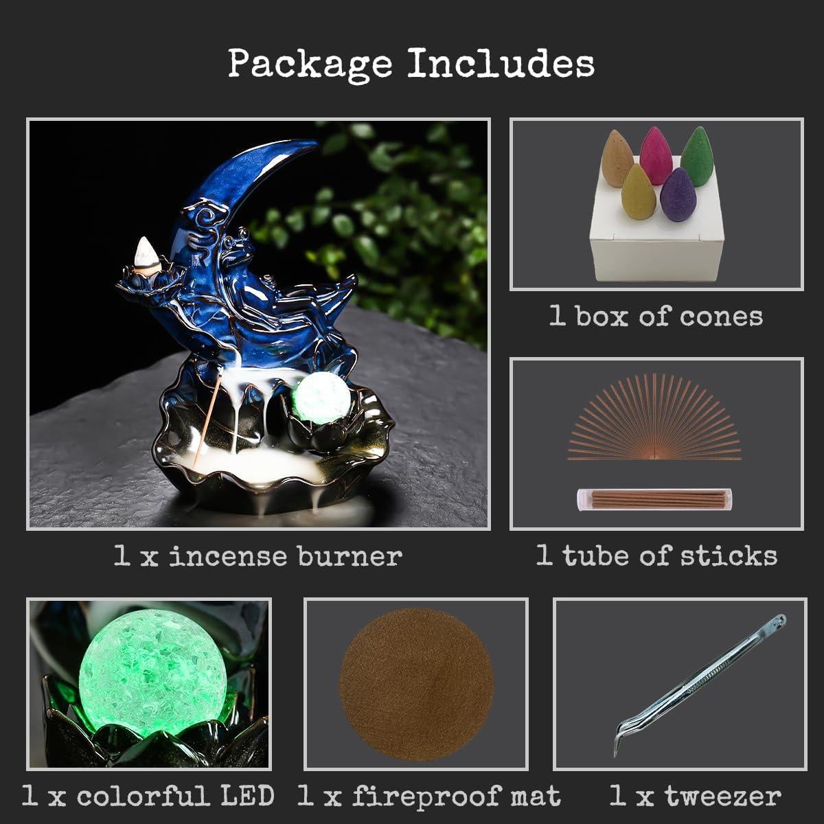 Quemador de Incienso de Cerámica ChangWanna Rana Azul con 45 Varitas y 10 Conos