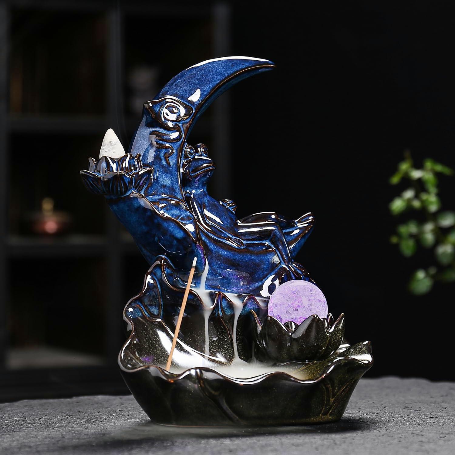 Quemador de Incienso de Cerámica ChangWanna Rana Azul con 45 Varitas y 10 Conos