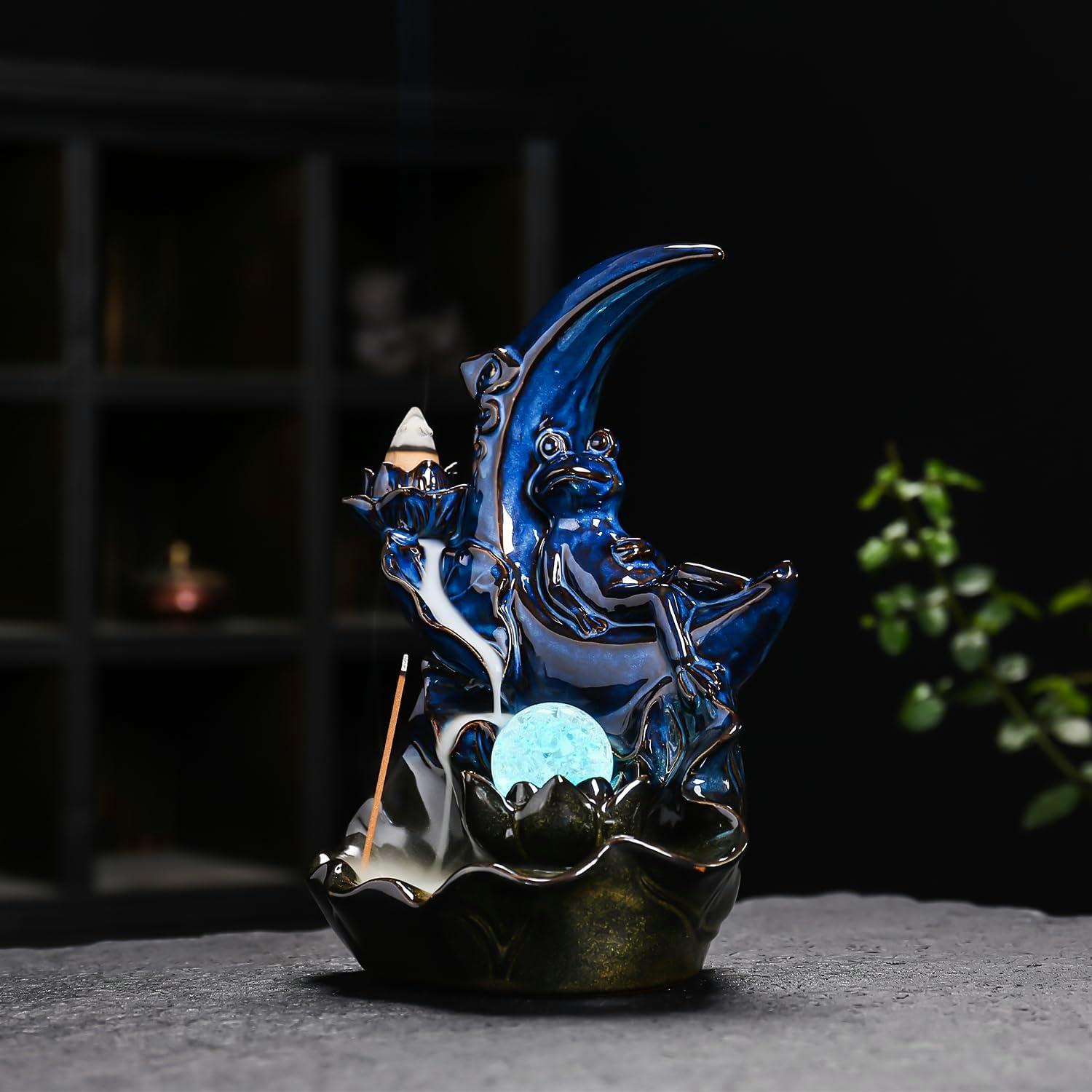 Quemador de Incienso de Cerámica ChangWanna Rana Azul con 45 Varitas y 10 Conos