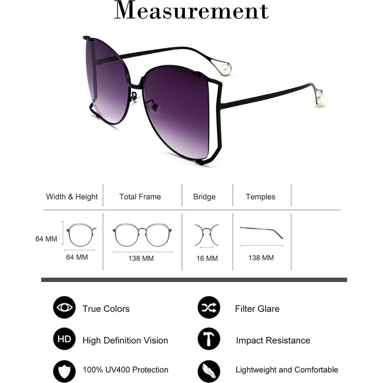 Gafas de sol oversized para mujer con perlas y marco metálico