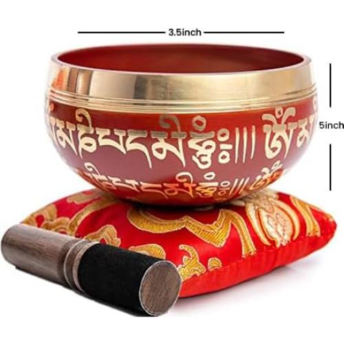 Tibetan Singing Bowl Set - Easy To Play for Beginners - Authentic Handcrafted Mindfulness Meditation Holistic Sound 7 Chakra Healing Gift by Himalayan Bazaar (Crimson)