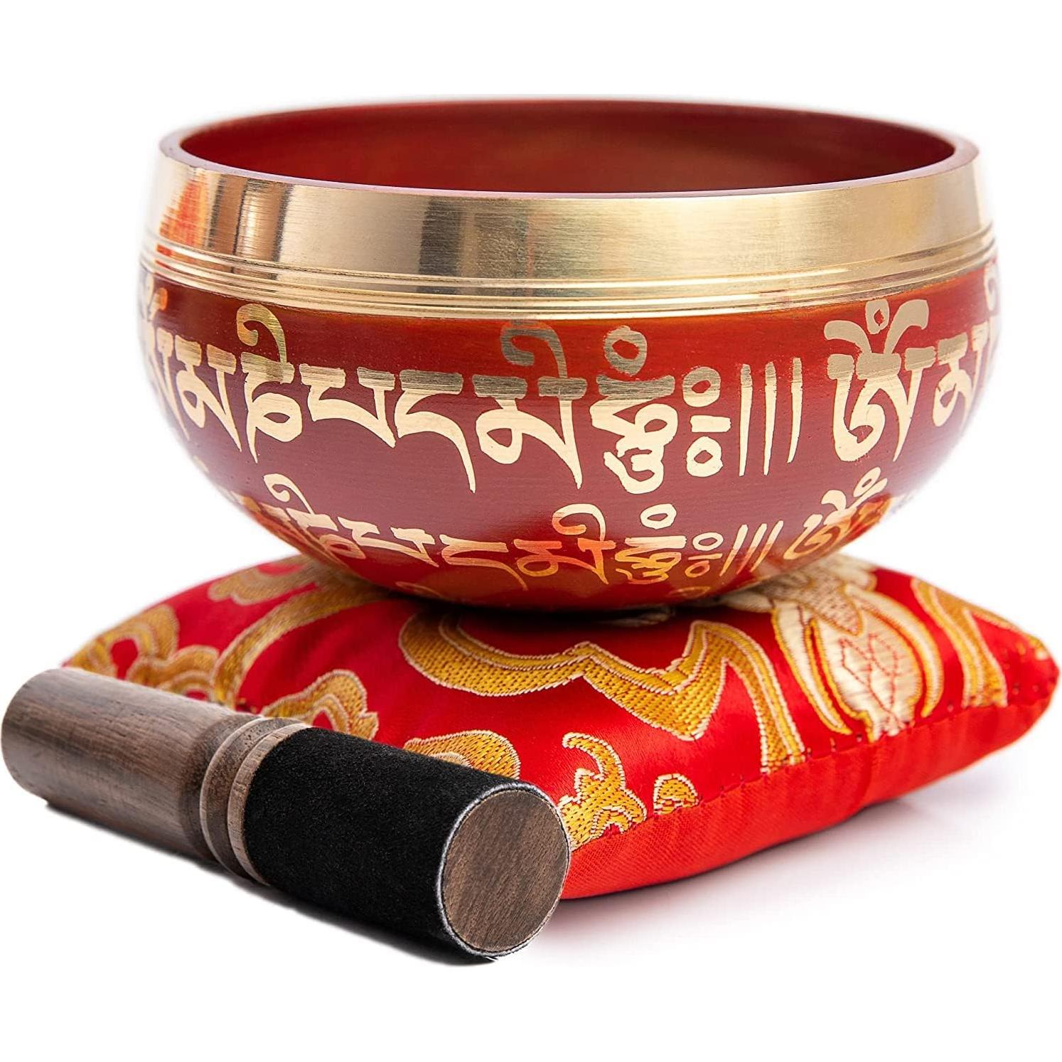 Tibetan Singing Bowl Set - Easy To Play for Beginners - Authentic Handcrafted Mindfulness Meditation Holistic Sound 7 Chakra Healing Gift by Himalayan Bazaar (Crimson)