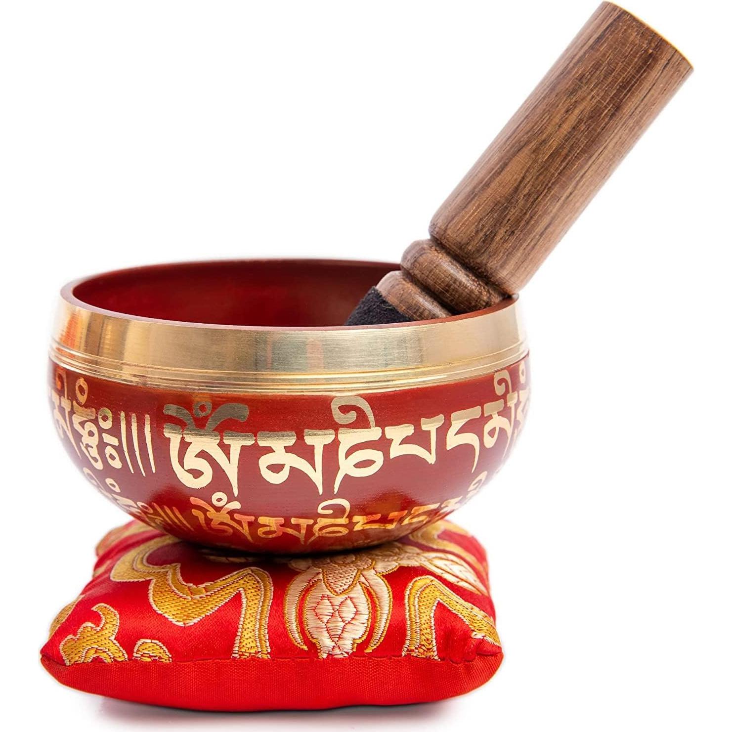 Tibetan Singing Bowl Set - Easy To Play for Beginners - Authentic Handcrafted Mindfulness Meditation Holistic Sound 7 Chakra Healing Gift by Himalayan Bazaar (Crimson)
