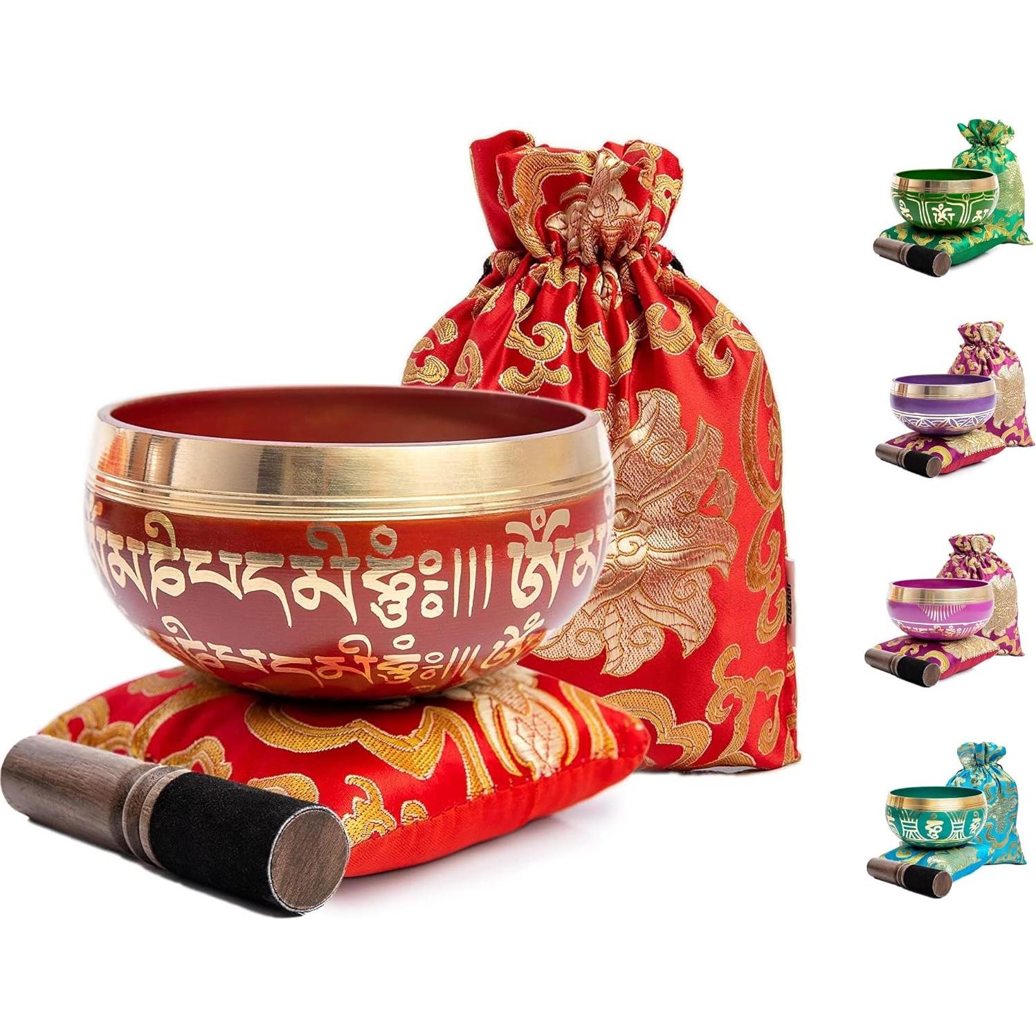 Tibetan Singing Bowl Set - Easy To Play for Beginners - Authentic Handcrafted Mindfulness Meditation Holistic Sound 7 Chakra Healing Gift by Himalayan Bazaar (Crimson)