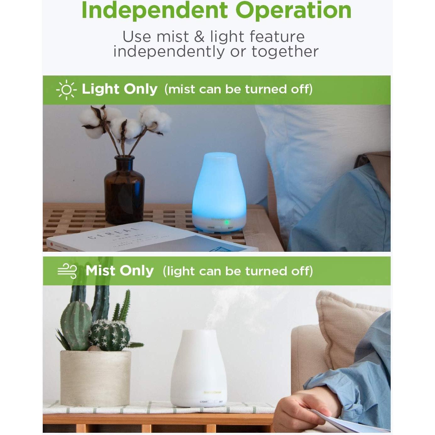 InnoGear Essential Oil Diffuser, Premium 5-in-1 Diffusers for Home Scent Aromatherapy Diffuser Air Desk Humidifier for Bedroom Large Room Office 7 Color LED 2 Mist Mode Waterless Auto Off, Basic White