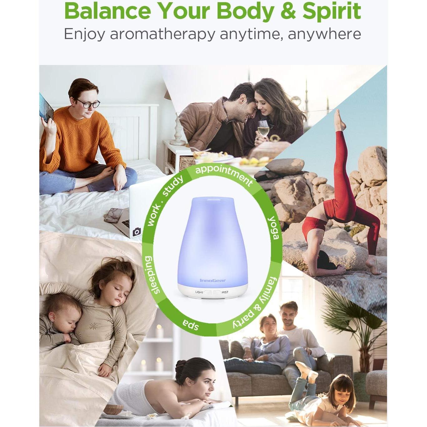 InnoGear Essential Oil Diffuser, Premium 5-in-1 Diffusers for Home Scent Aromatherapy Diffuser Air Desk Humidifier for Bedroom Large Room Office 7 Color LED 2 Mist Mode Waterless Auto Off, Basic White