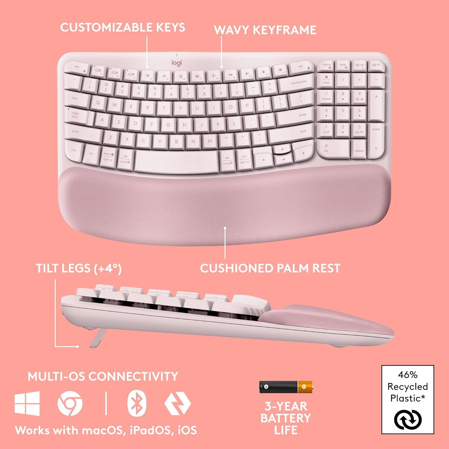 Teclado Ergonómico Inalámbrico Logitech Wave Keys Rosa