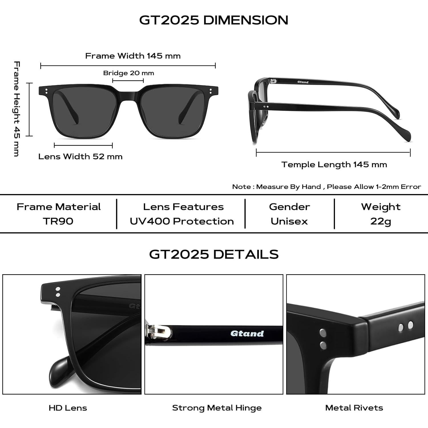 Gafas de Sol Retro Cuadradas Unisex TR90 52mm UV400