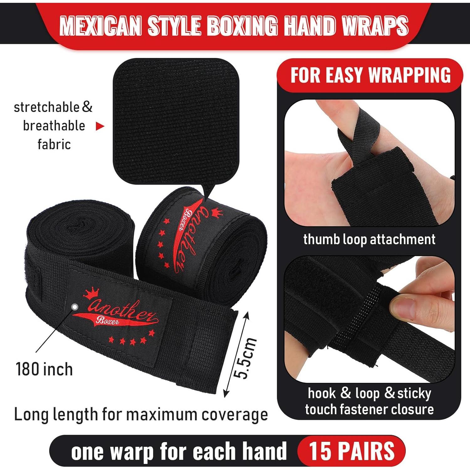 15 Pares Envolturas de Boxeo Jerify 457 cm Nylon Negro