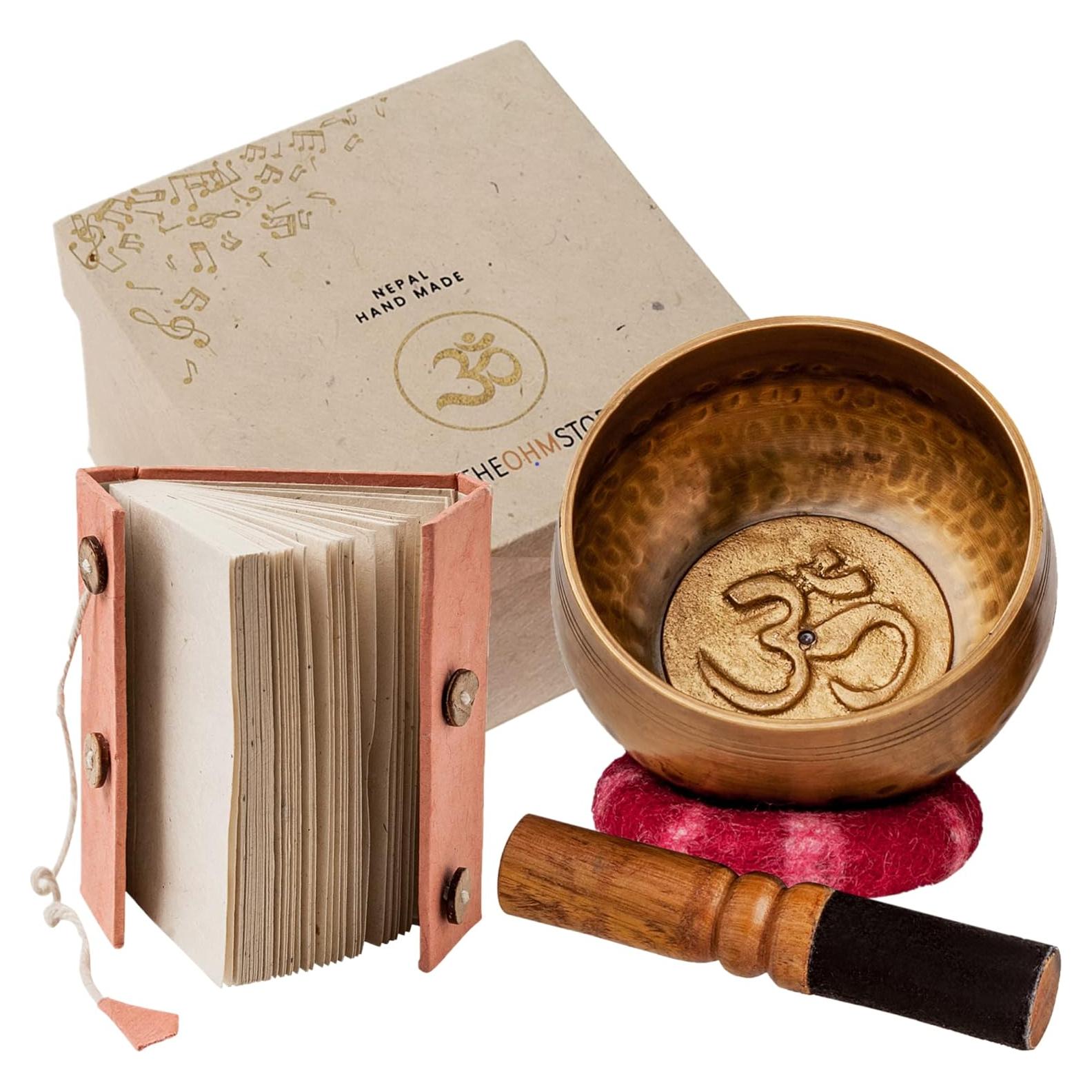 Ohm Store Tibetan Singing Bowl and Lokta Journal Set — Handcrafted Nepali Meditation Sound Bowl Self Care Gift for Stress Relief, Spiritual Chakra Healing, and Mindfulness