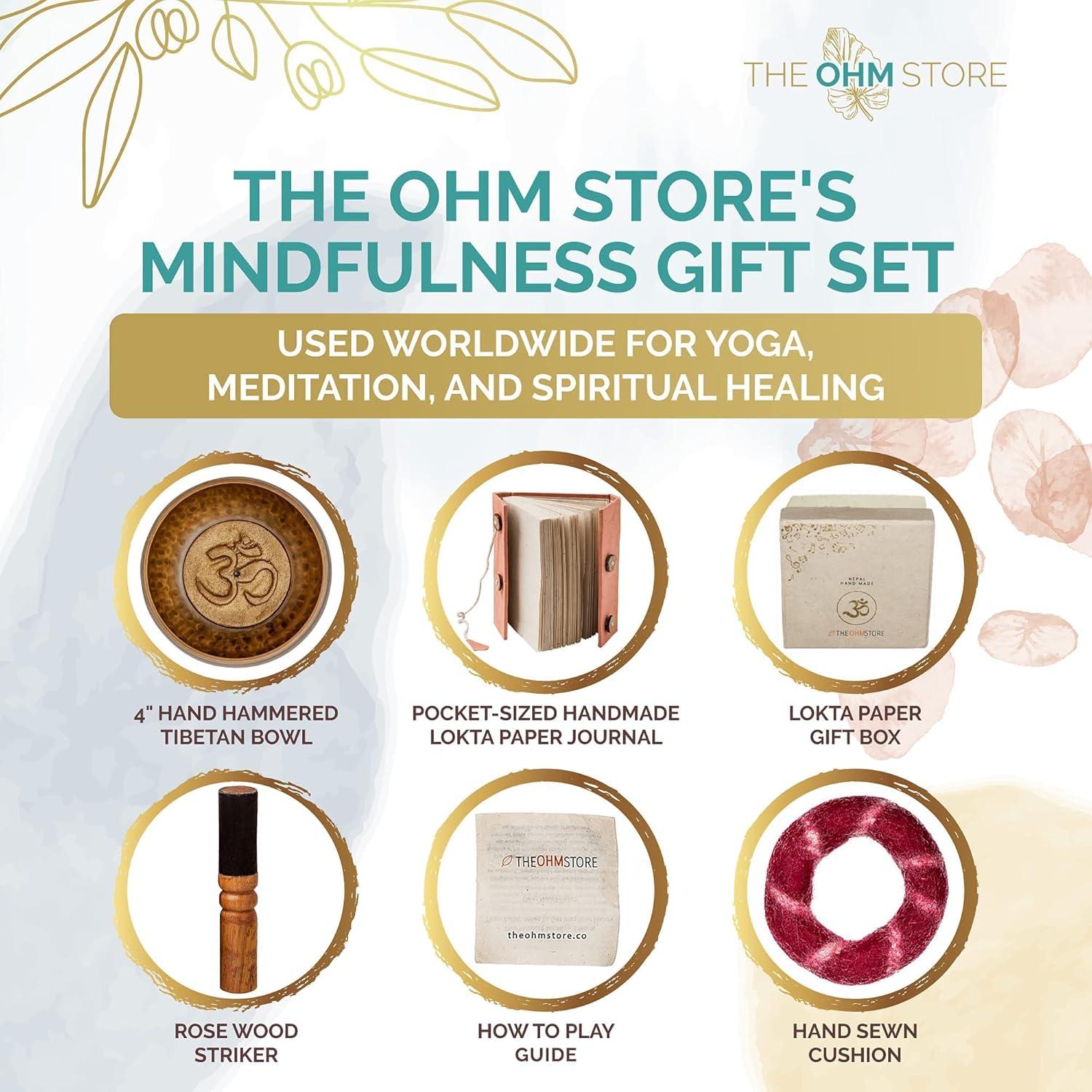 Ohm Store Tibetan Singing Bowl and Lokta Journal Set — Handcrafted Nepali Meditation Sound Bowl Self Care Gift for Stress Relief, Spiritual Chakra Healing, and Mindfulness