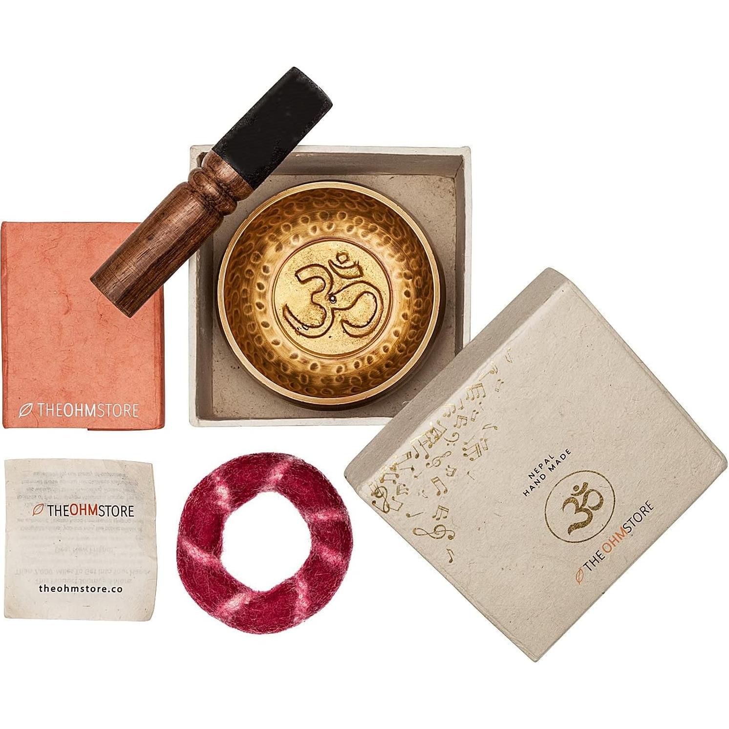 Ohm Store Tibetan Singing Bowl and Lokta Journal Set — Handcrafted Nepali Meditation Sound Bowl Self Care Gift for Stress Relief, Spiritual Chakra Healing, and Mindfulness