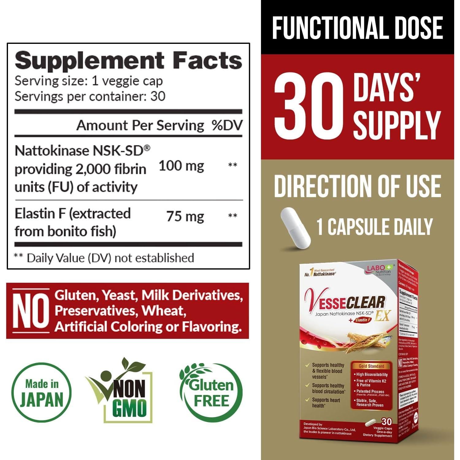 LABO Nutrition VesseCLEAR EX Nattokinase 30 Cápsulas 2000 FU
