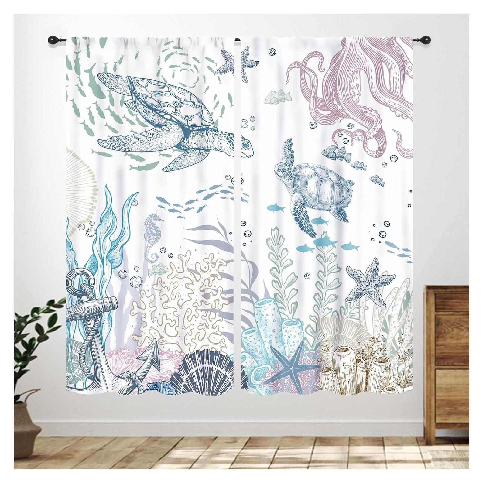 Sea Turtle Curtains,Nautical Beach Theme Coastal Seashell Starfish Underwater Animal Blue Window Drapes Treatments for Bedroom Living Room Kitchen Bathroom 2 Panel Sets,55X63 Inch