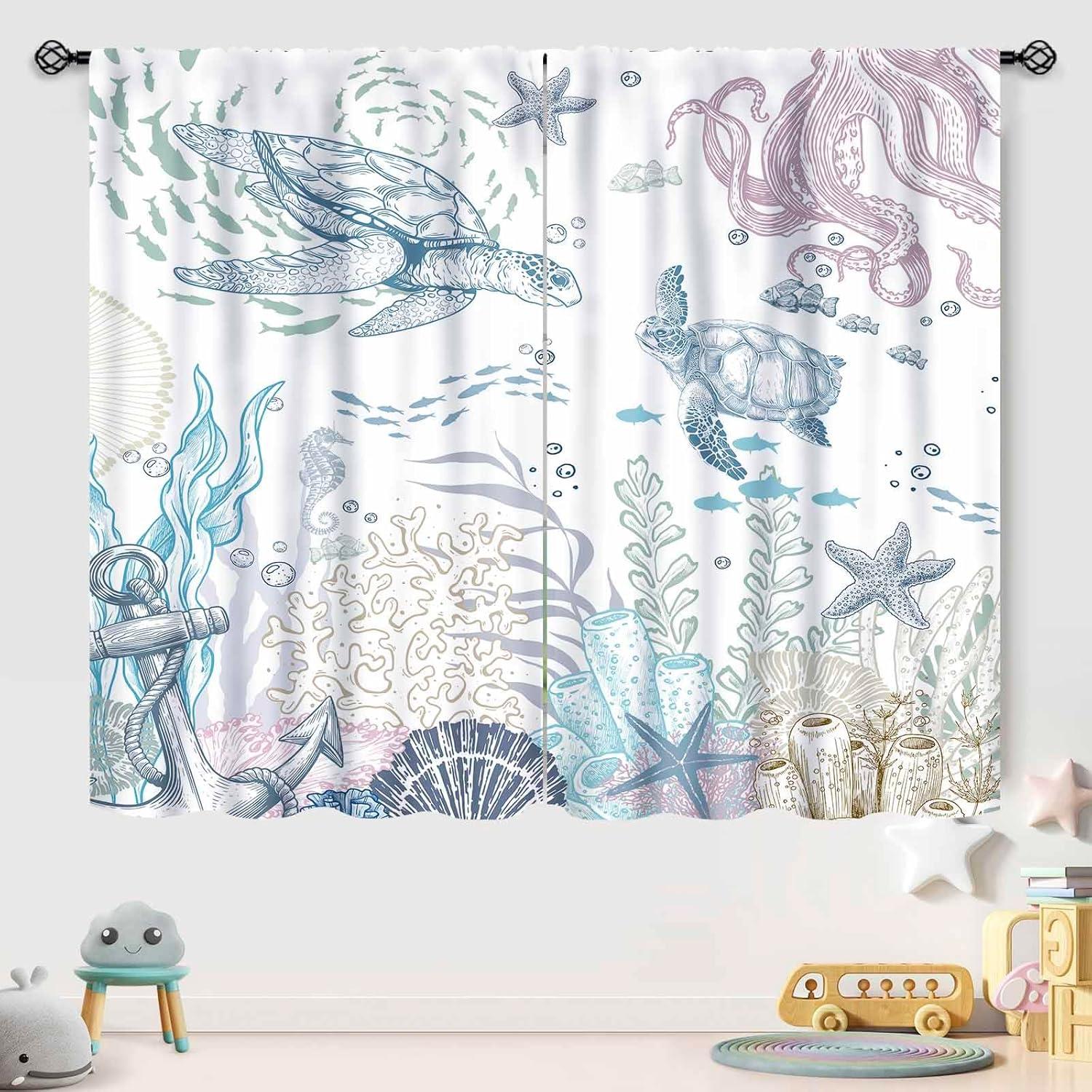 Sea Turtle Curtains,Nautical Beach Theme Coastal Seashell Starfish Underwater Animal Blue Window Drapes Treatments for Bedroom Living Room Kitchen Bathroom 2 Panel Sets,55X63 Inch