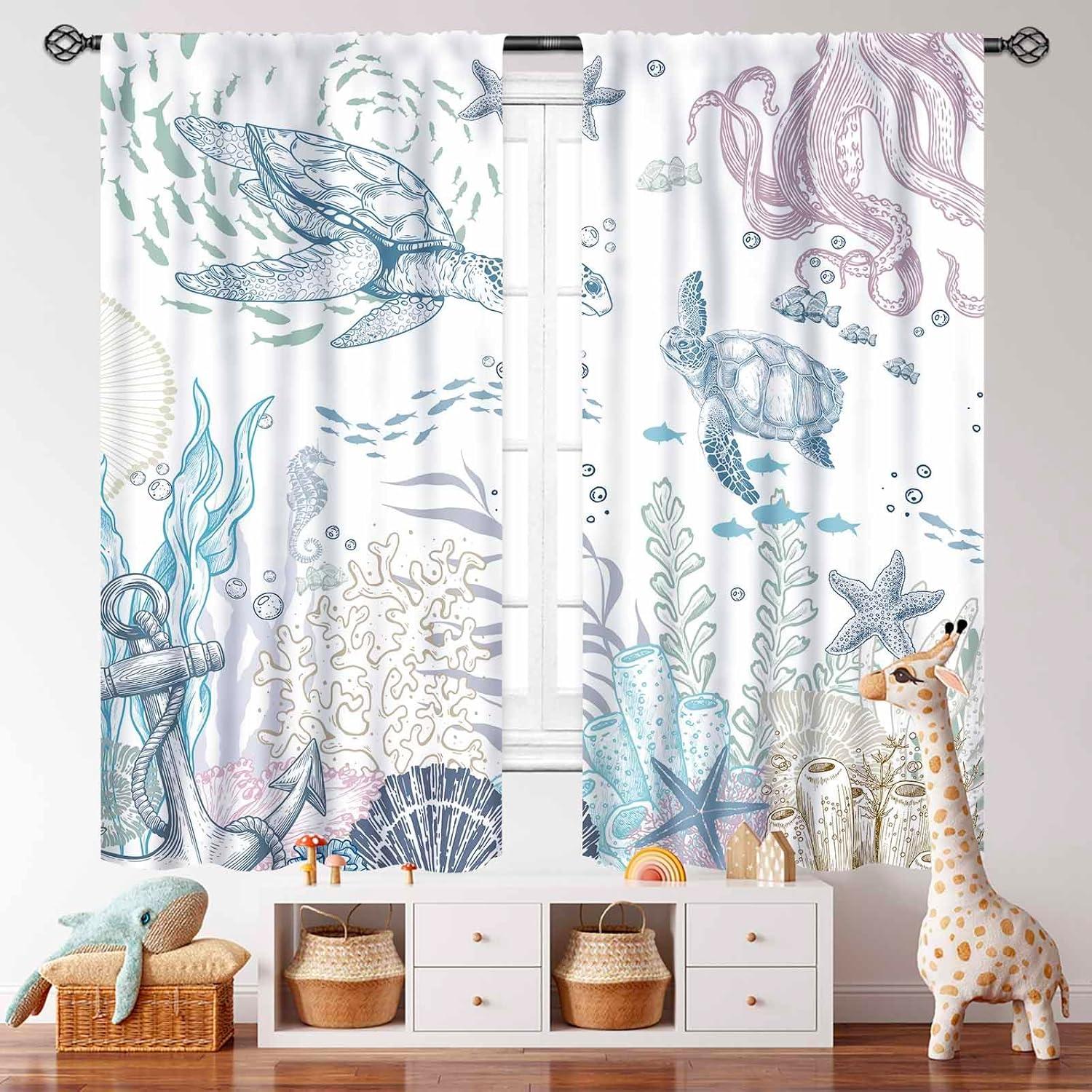Sea Turtle Curtains,Nautical Beach Theme Coastal Seashell Starfish Underwater Animal Blue Window Drapes Treatments for Bedroom Living Room Kitchen Bathroom 2 Panel Sets,55X63 Inch