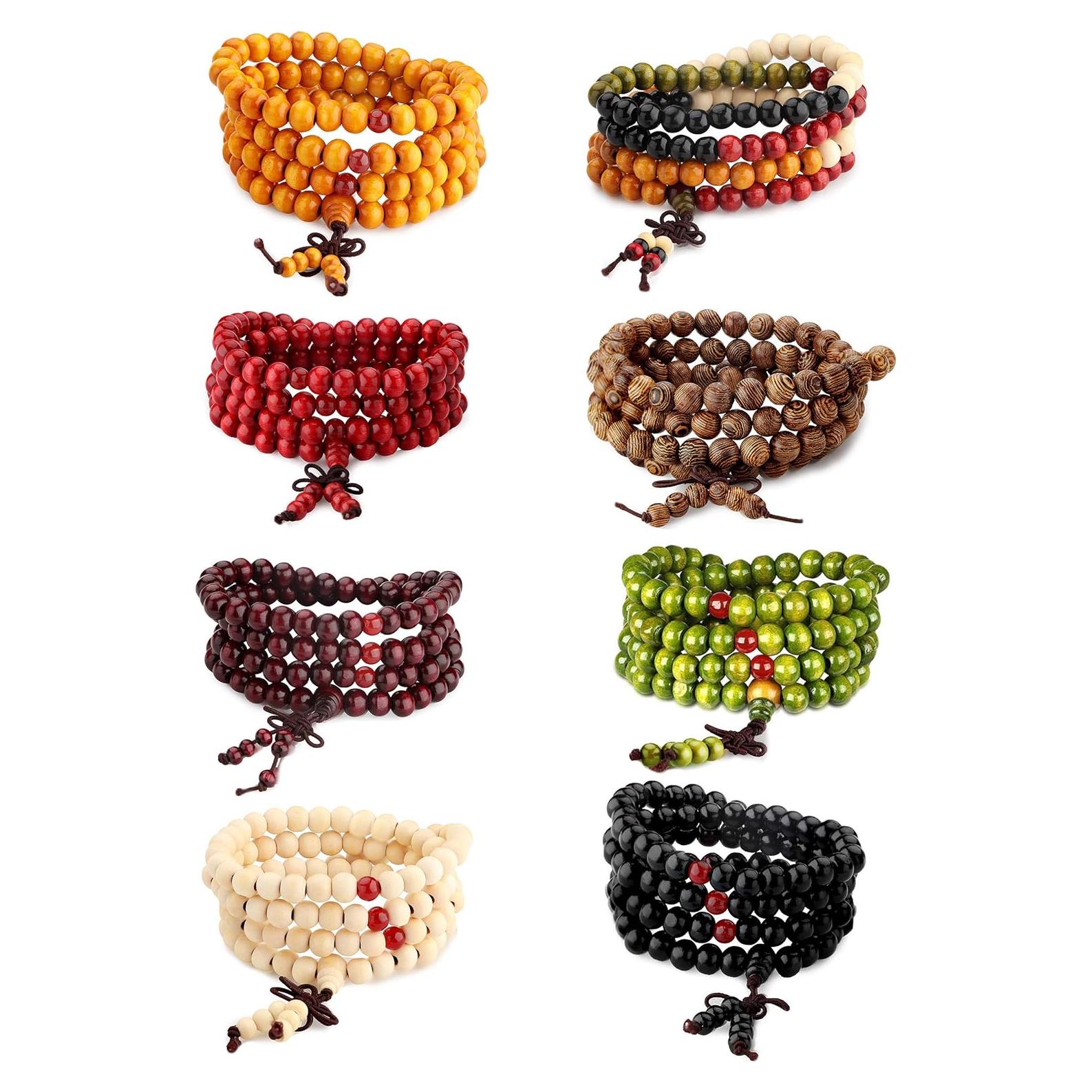 Pulseras de Cuentas Mala 8Pcs LOYALLOOK 8mm Madera Budista