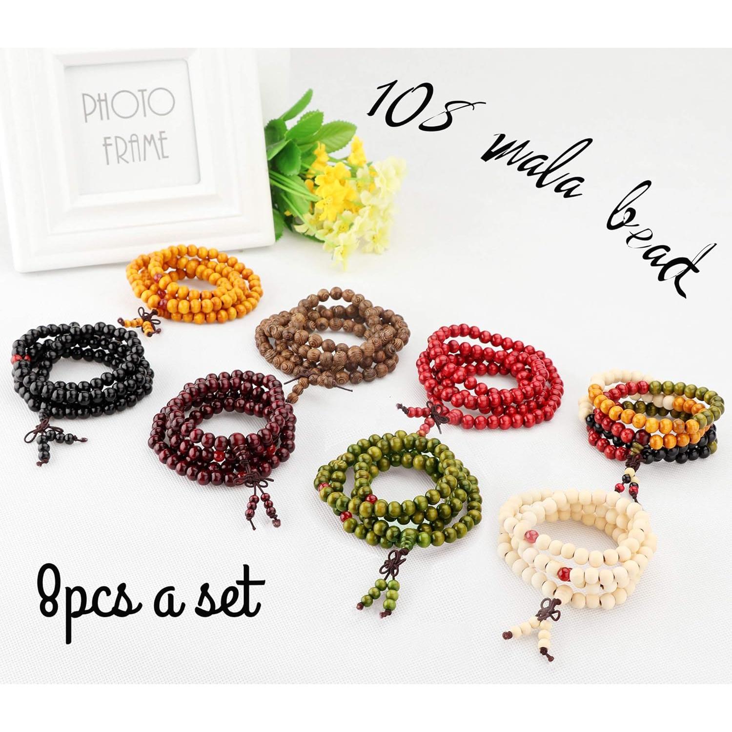 Pulseras de Cuentas Mala 8Pcs LOYALLOOK 8mm Madera Budista