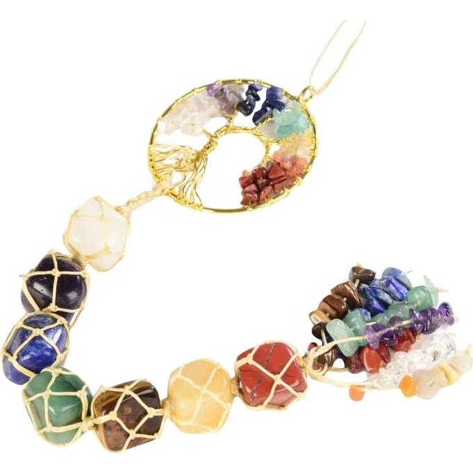 Handmade Crystal Window Car Hanging Ornaments 7 Chakra Home Decoration Feng Shui Ornament Yoga Meditation Car Decoration Tumbled Palm Stones (Tree of Life)