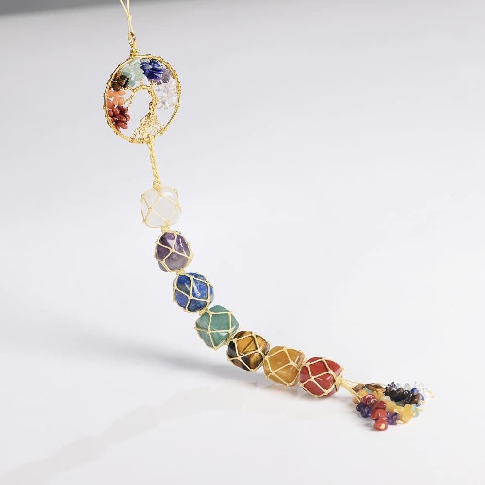 Handmade Crystal Window Car Hanging Ornaments 7 Chakra Home Decoration Feng Shui Ornament Yoga Meditation Car Decoration Tumbled Palm Stones (Tree of Life)