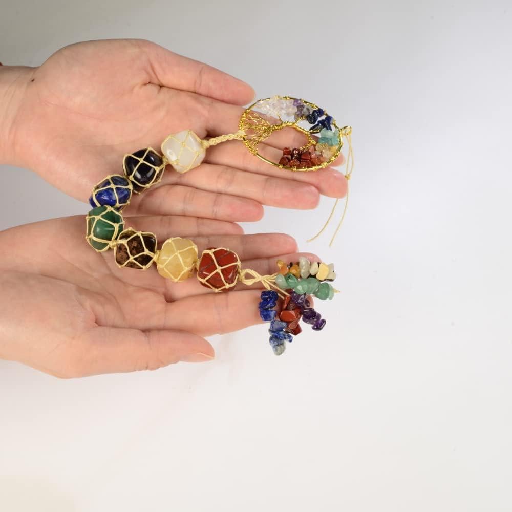 Handmade Crystal Window Car Hanging Ornaments 7 Chakra Home Decoration Feng Shui Ornament Yoga Meditation Car Decoration Tumbled Palm Stones (Tree of Life)