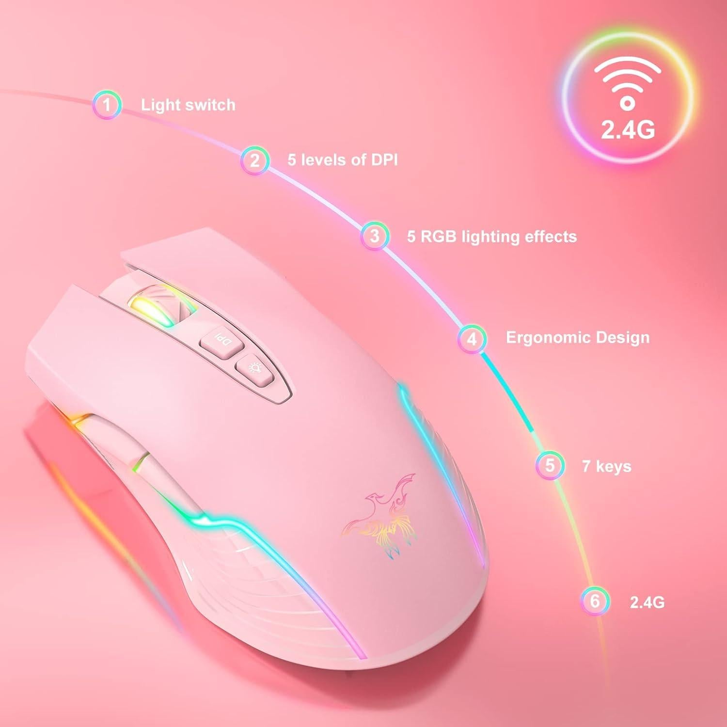 Ratón Gaming Inalámbrico SIMGAL Rosa RGB Recargable