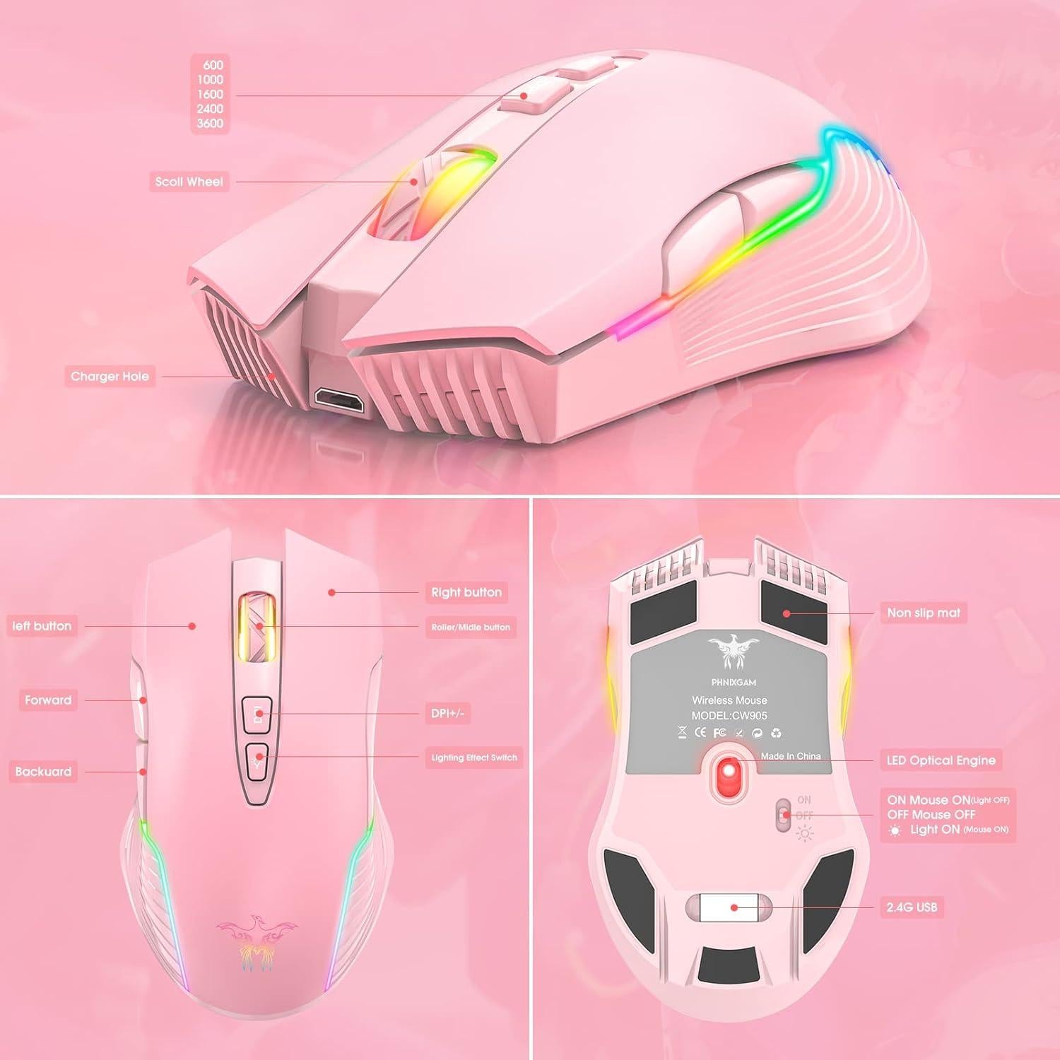 Ratón Gaming Inalámbrico SIMGAL Rosa RGB Recargable