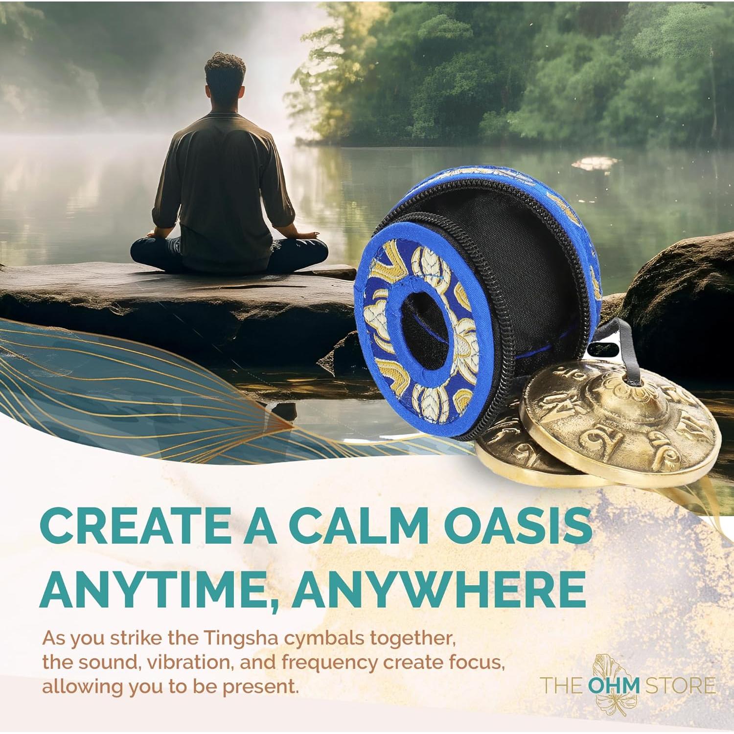 Ohm Store Tibetan Mantra Tingsha Bells with Blue Case- Handcrafted Meditation Accessory for Mindfulness, Yoga, and Sound Healing