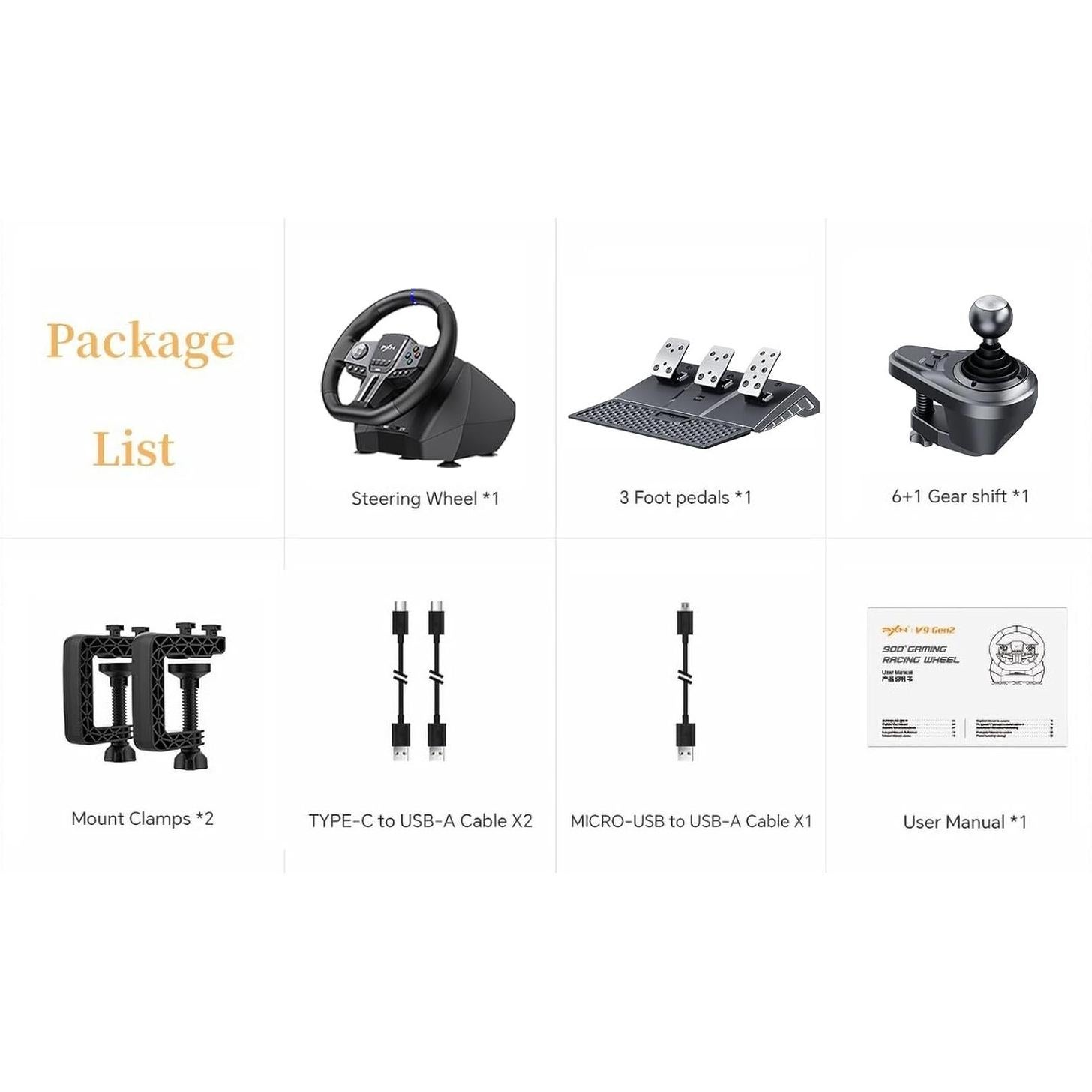 Volante de Carreras PXN V9 GEN2 USB 270/900° con Pedales