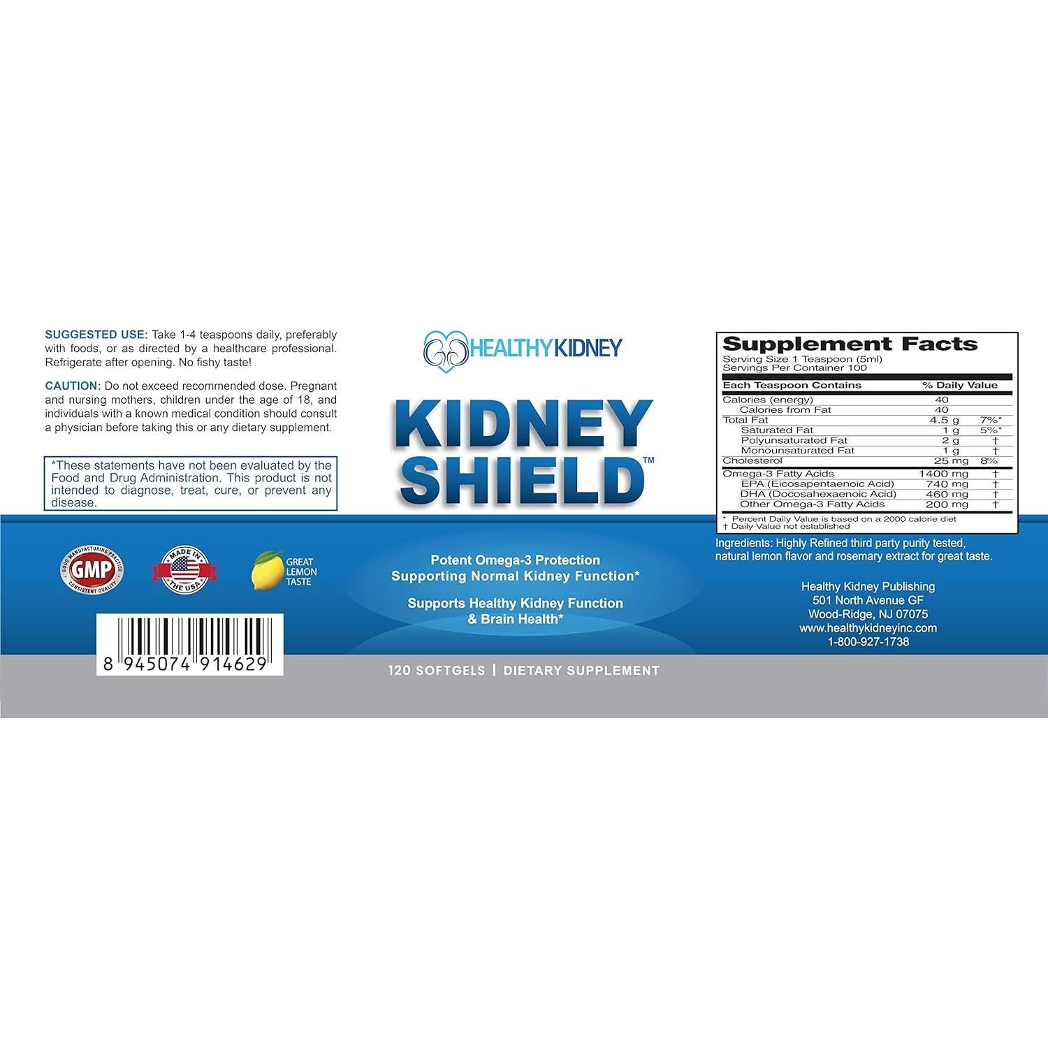 Suplemento Renal Omega 3 Kidney Shield - 120 Cápsulas de EPA DHA